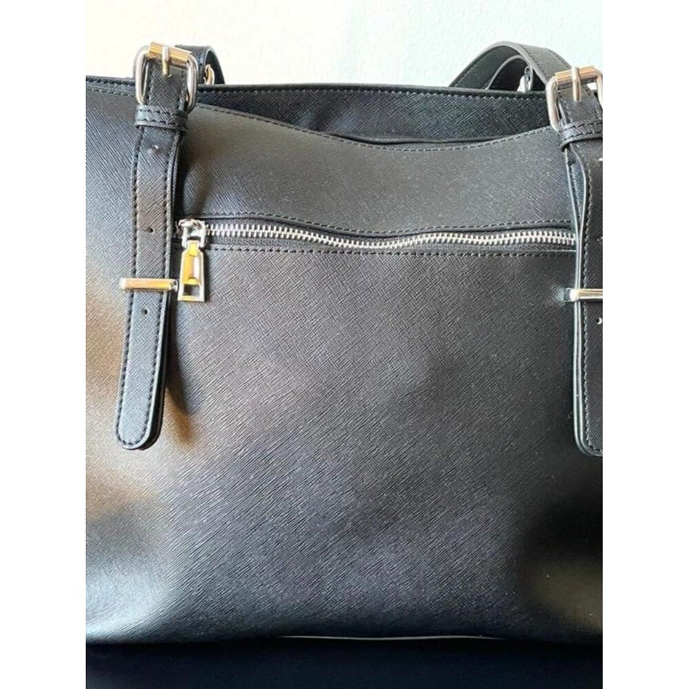Black Saffiano Faux Leather Work Tote Bag Large Zip Top Laptop Shoulder Purse